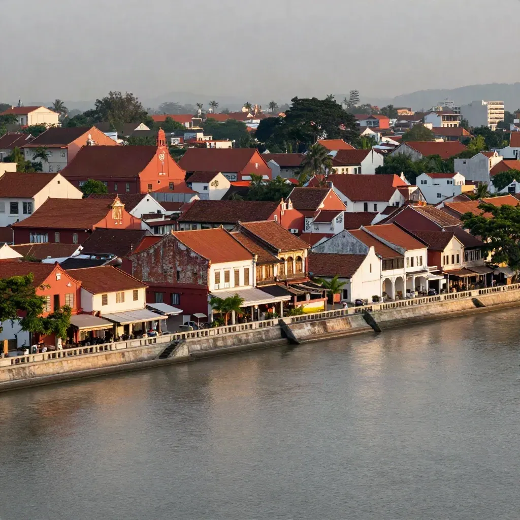 Pemandangan Melaka waktu emas dengan bangunan warisan merah, sungai berkabus dan menara jam jauh.