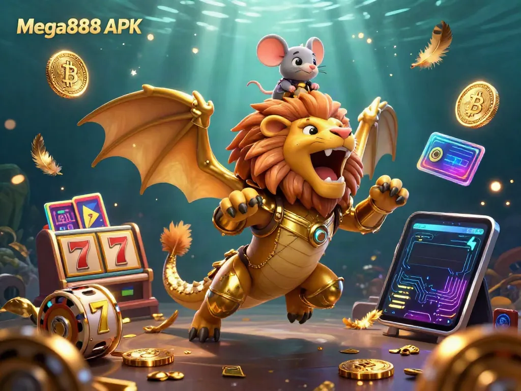 Play Mega888 APK with a roaring chimera and a mouse jockey amid golden casino elements and crypto coins.