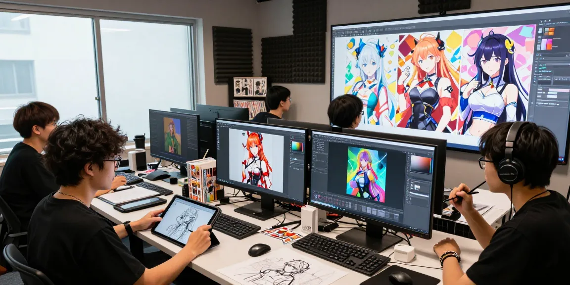 Artists collaborating on AI ecchi art in a modern studio, showcasing vibrant anime character designs and technology.