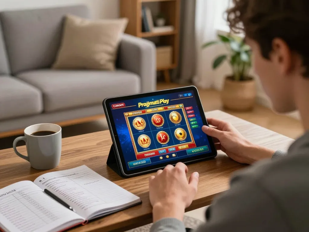 Engaging online gaming experience with Pragmati Play slots on a tablet in a cozy home
