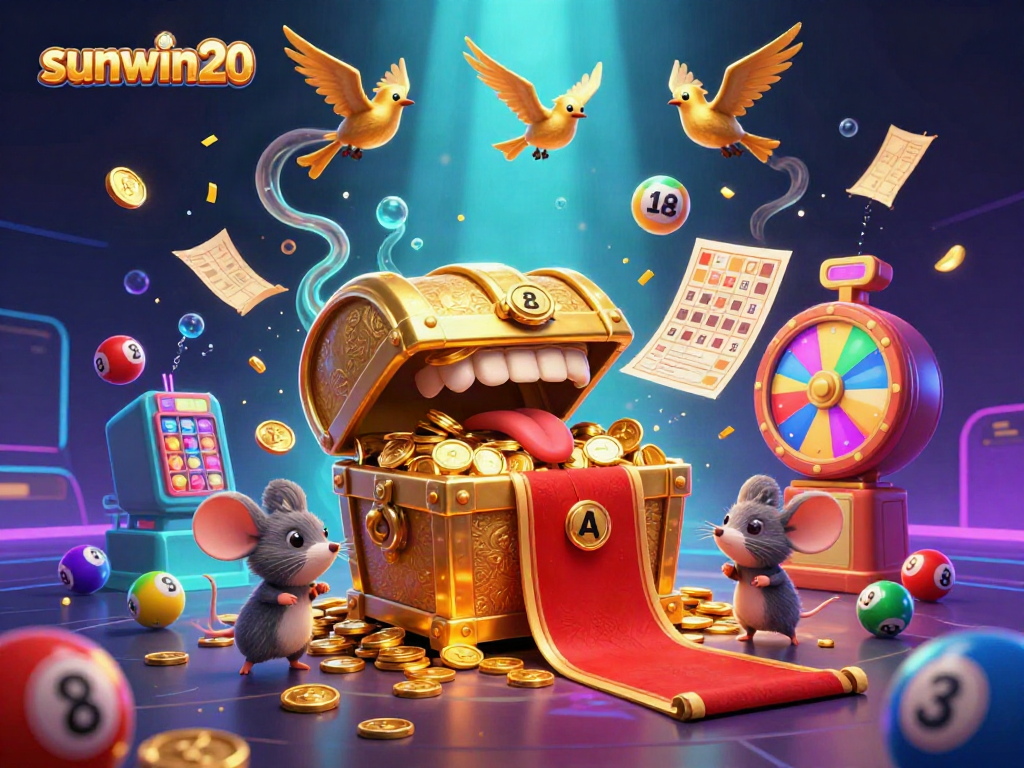 Experience the thrill of sunwin20 with vibrant lottery balls and a treasure-filled scene.