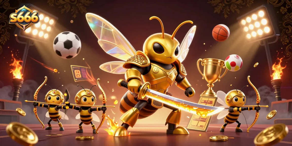 S666 offers exciting gameplay with a giant golden hornet and bee archers amidst vibrant casino elements.