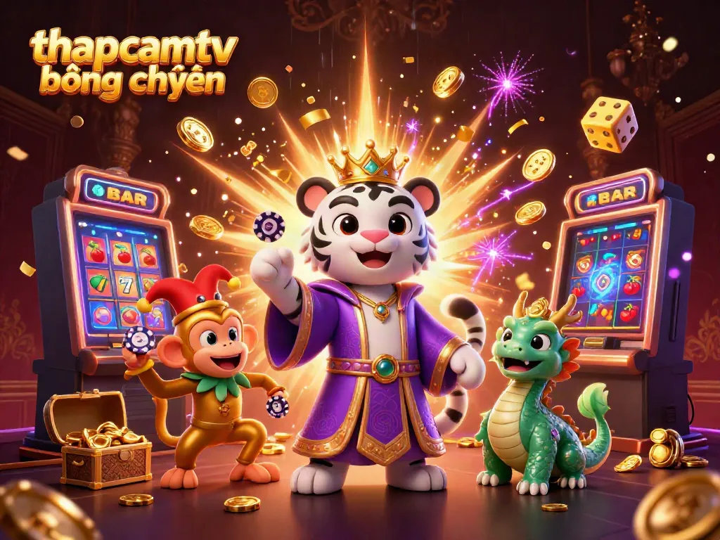 Experience thapcamtv bóng chuyền with a vibrant 3D illustration of gaming characters surrounded by dynamic casino elements.
