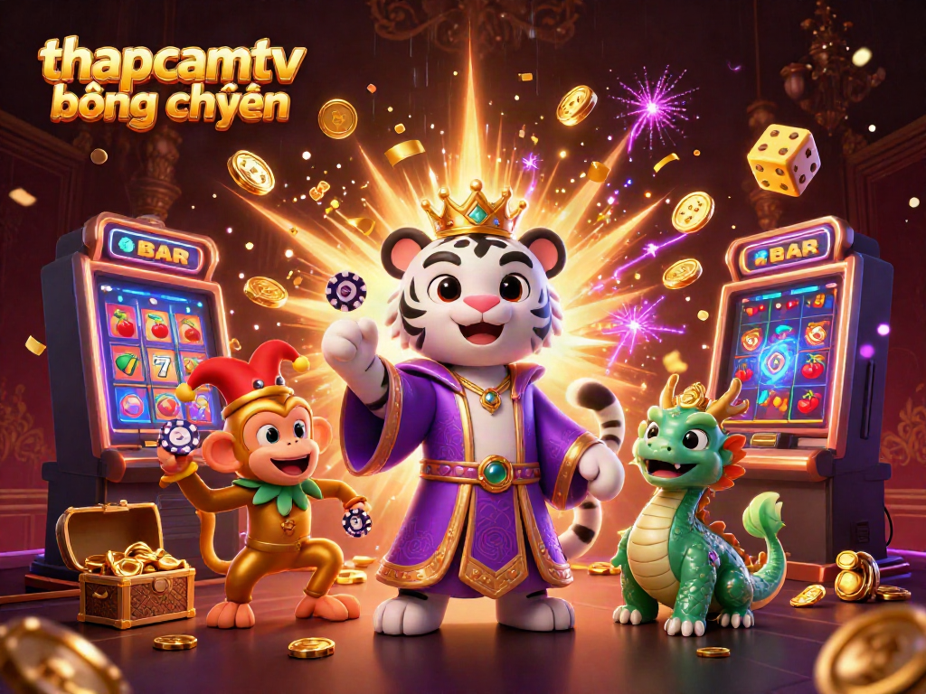Experience thapcamtv bóng chuyền with a vibrant 3D illustration of gaming characters surrounded by dynamic casino elements.