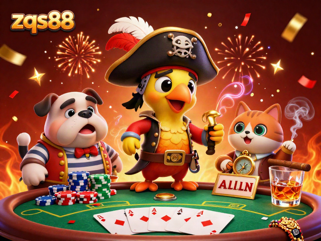 Engage in thrills with zqs88’s dazzling online casino scene showcasing vibrant characters and poker elements.