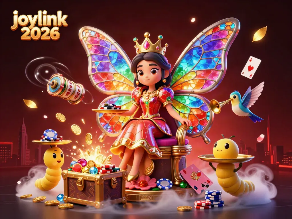 Engage with joylink 2026 as a 3D butterfly queen rules over a vibrant casino world filled with gems and slots.