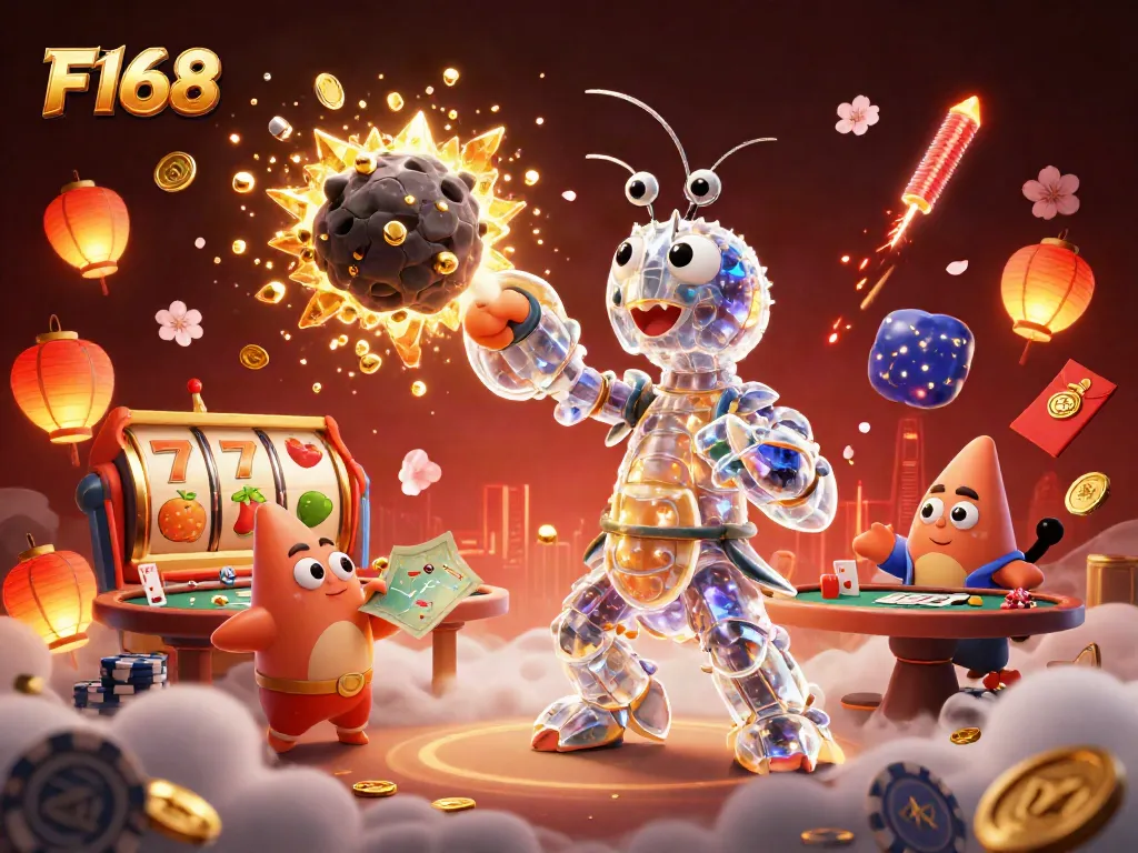 F168 engages players in an exciting scene of a samurai shrimp combined with casino elements enhancing gaming experience.