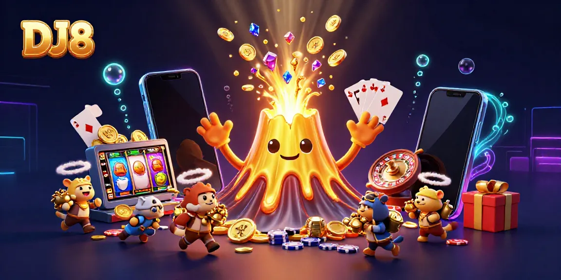 Experience the thrill of DJ8 with a golden volcano erupting treasures and animated characters in a vibrant casino scene.