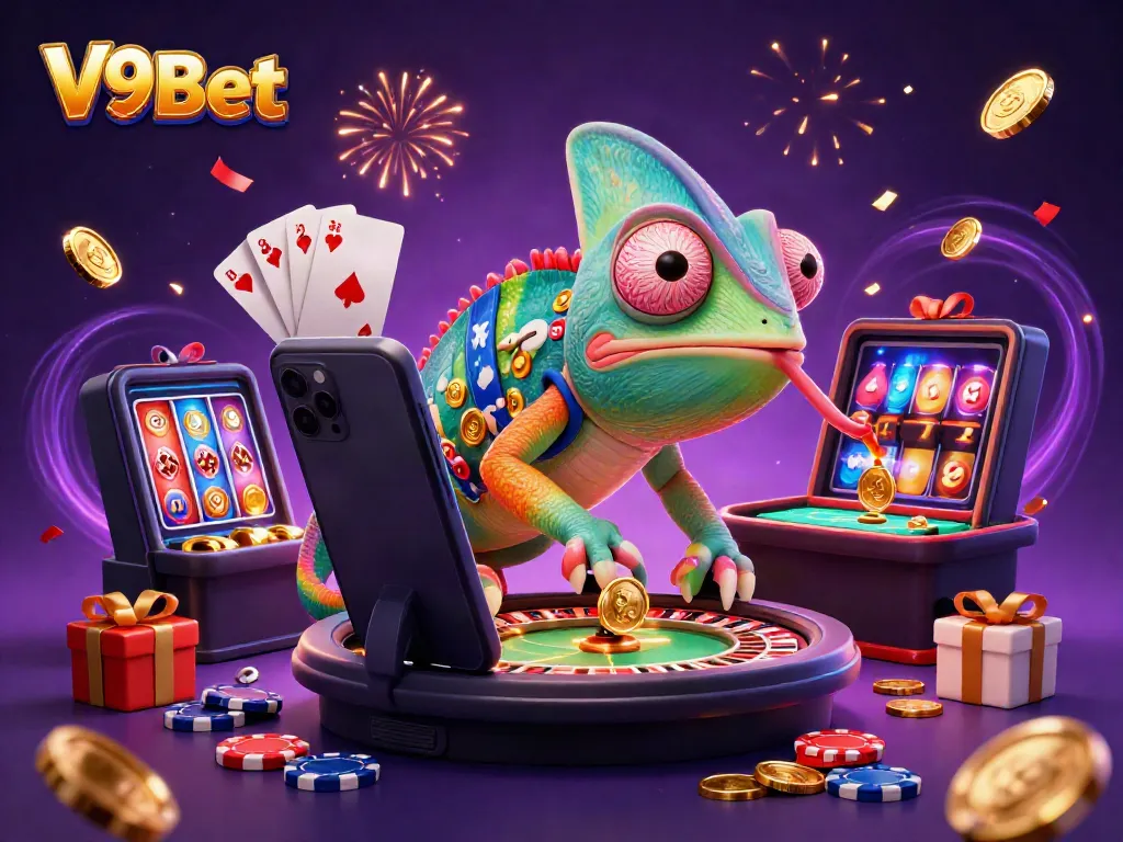 Experience excitement with V9Bet's dynamic casino scene featuring a colorful chameleon and engaging gaming elements.