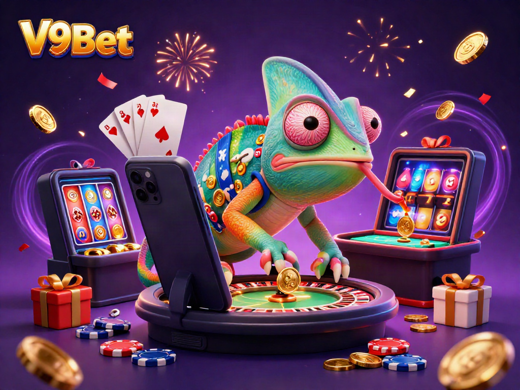 Experience excitement with V9Bet's dynamic casino scene featuring a colorful chameleon and engaging gaming elements.