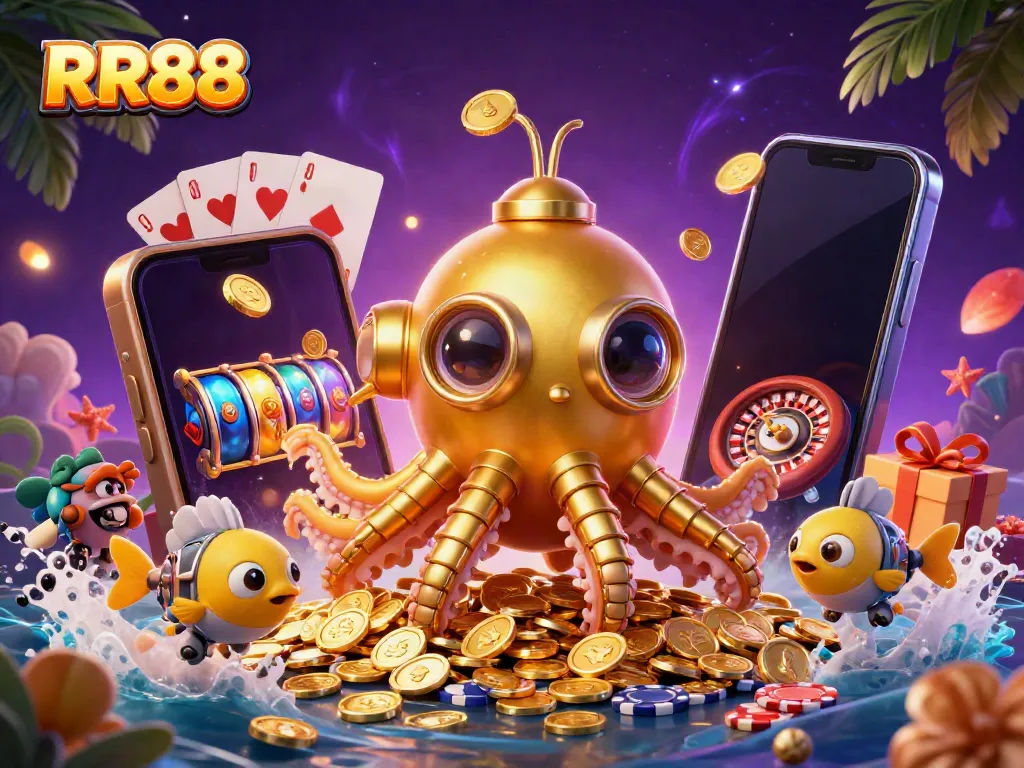 Engage with the thrilling world of RR88's underwater casino adventure featuring a golden kraken and slot machines.