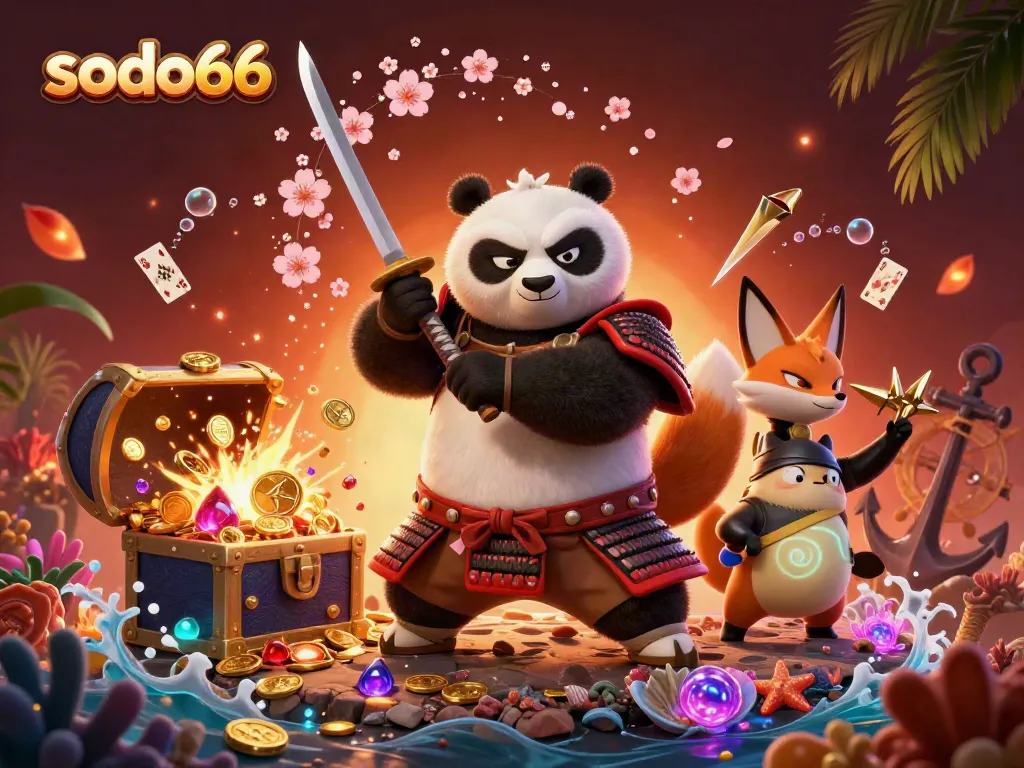 Sodo66 showcases an adventurous scene with a samurai panda and ninja fox engaging with vibrant underwater elements