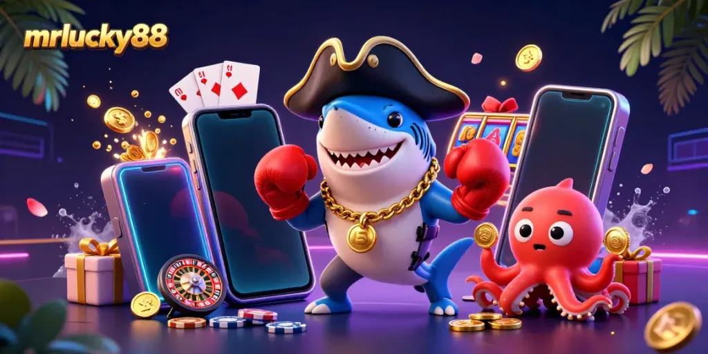 Engage with mrlucky88's vibrant casino adventure featuring a pirate shark, pufferfish and octopus with gold coins.