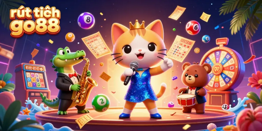 Engage with vibrant casino scenes featuring rút tiền go88 alongside cartoon characters, bursting lottery balls, and dynamic game elements.