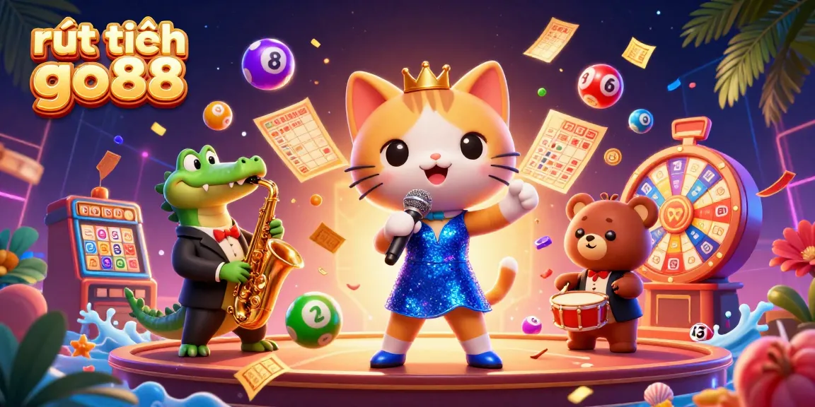 Engage with vibrant casino scenes featuring rút tiền go88 alongside cartoon characters, bursting lottery balls, and dynamic game elements.