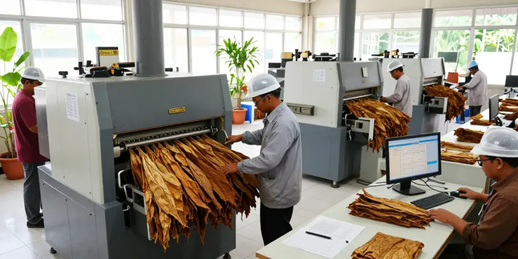 Produksi rokok 88 di pabrik dengan pekerja memeriksa daun tembakau.