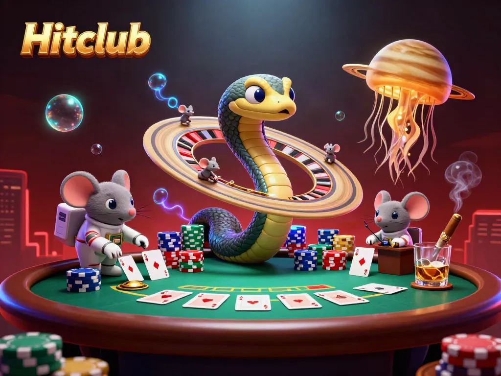 Hitclub players betting on a cosmic roulette wheel with vibrant casino elements.