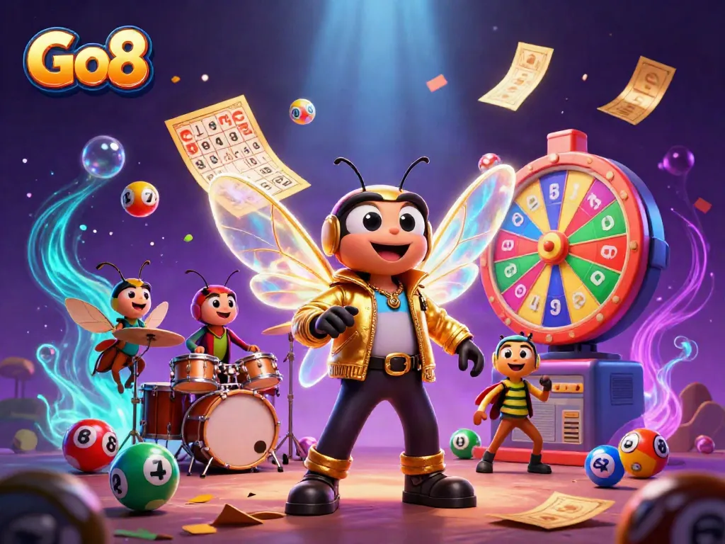 Go8 boosts excitement with a cicada rock star and vibrant lottery elements in a dynamic casino illustration.