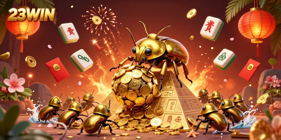 Experience the thrill of victory with 23WIN as a golden dung beetle rolls coins, symbolizing fortune in an animated casino scene.