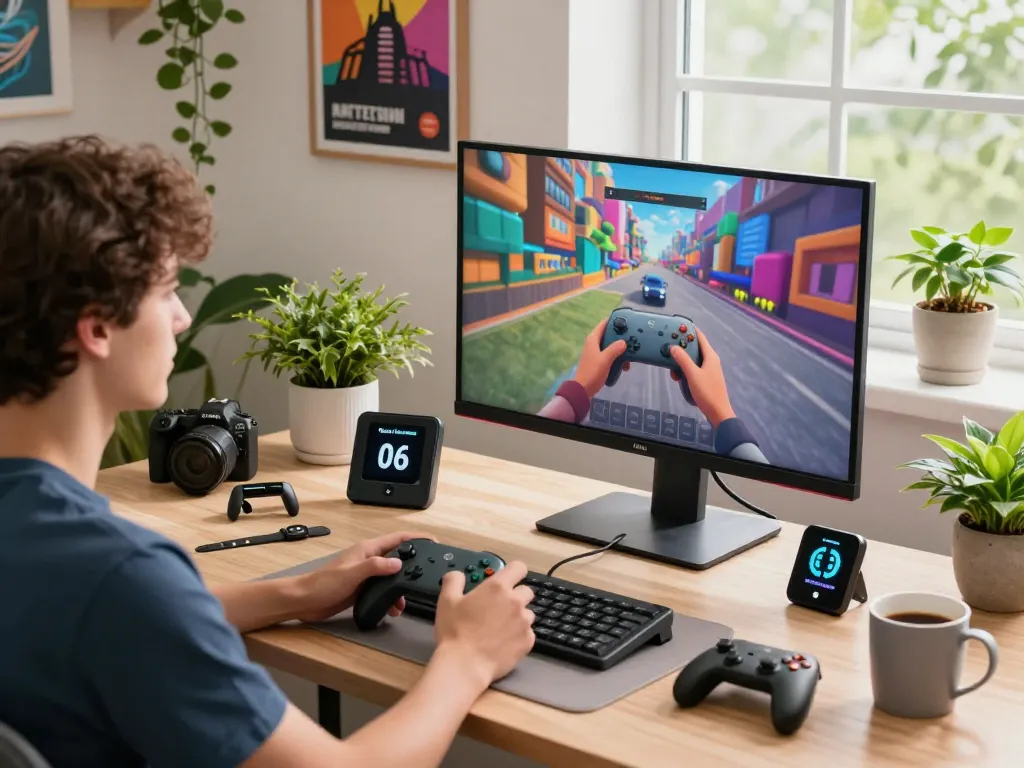 Affordable tech gadgets showcased in a vibrant workspace with Bluetooth gaming controller, smartwatch, and smart kitchen tools.