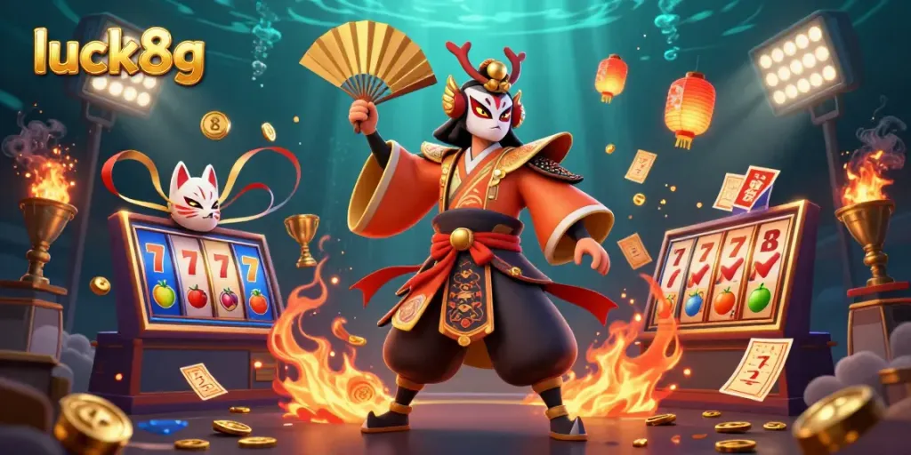 Engage with luck8g's vibrant 3D casino scene showcasing kabuki warrior and kitsune mask in a jackpot adventure with dynamic slots.