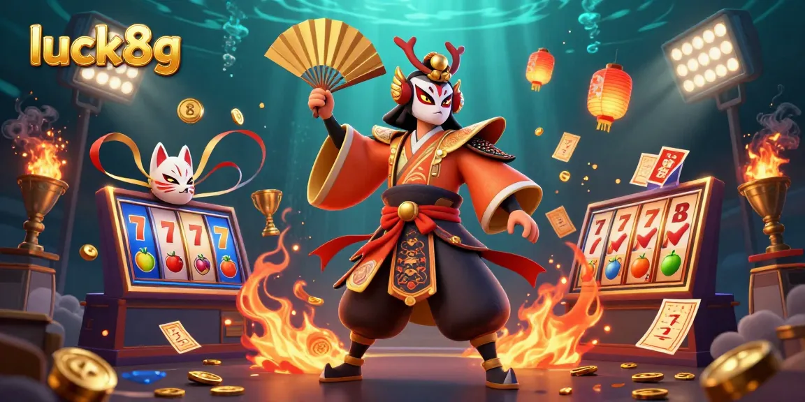 Engage with luck8g's vibrant 3D casino scene showcasing kabuki warrior and kitsune mask in a jackpot adventure with dynamic slots.