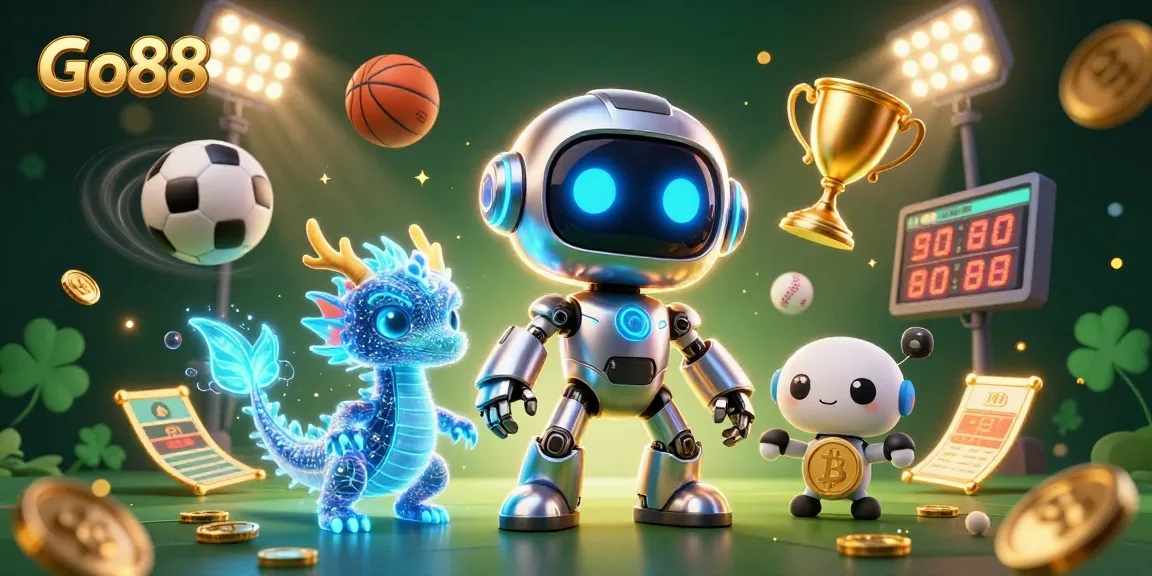 Engage with Go88's thrilling gaming scene featuring a chrome robot, AI dragon, and bitcoin drone.