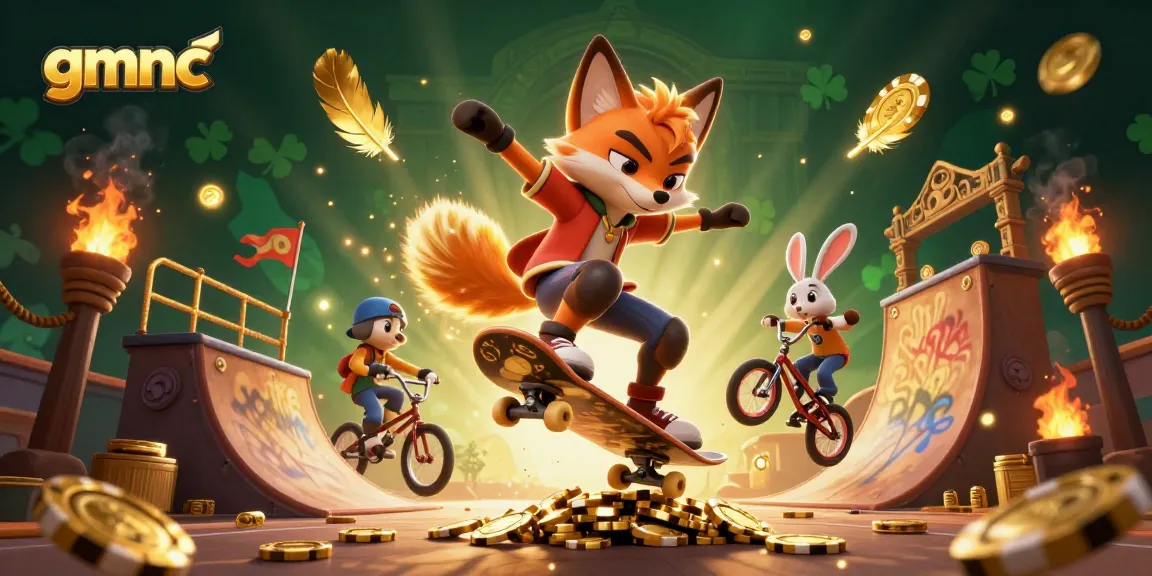 Experience thrilling adventures with gmnc as a skateboarder fox performs tricks over golden poker chips in a dynamic casino setting.