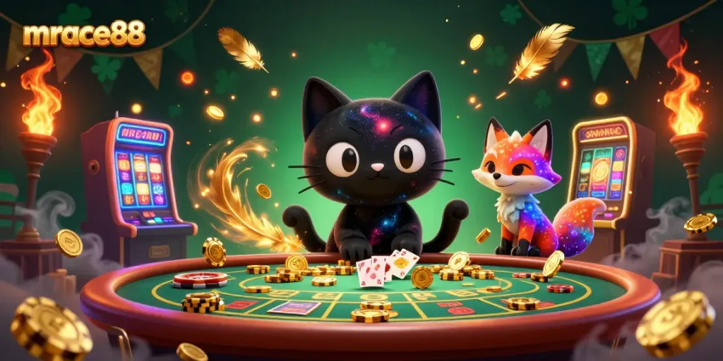 Experience thrilling casino action with mrace88's cosmic scene featuring a black hole cat and colorful fox.