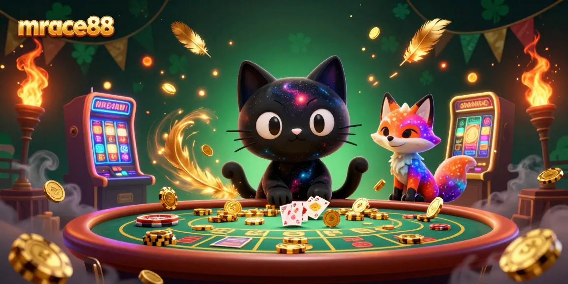 Experience thrilling casino action with mrace88's cosmic scene featuring a black hole cat and colorful fox.