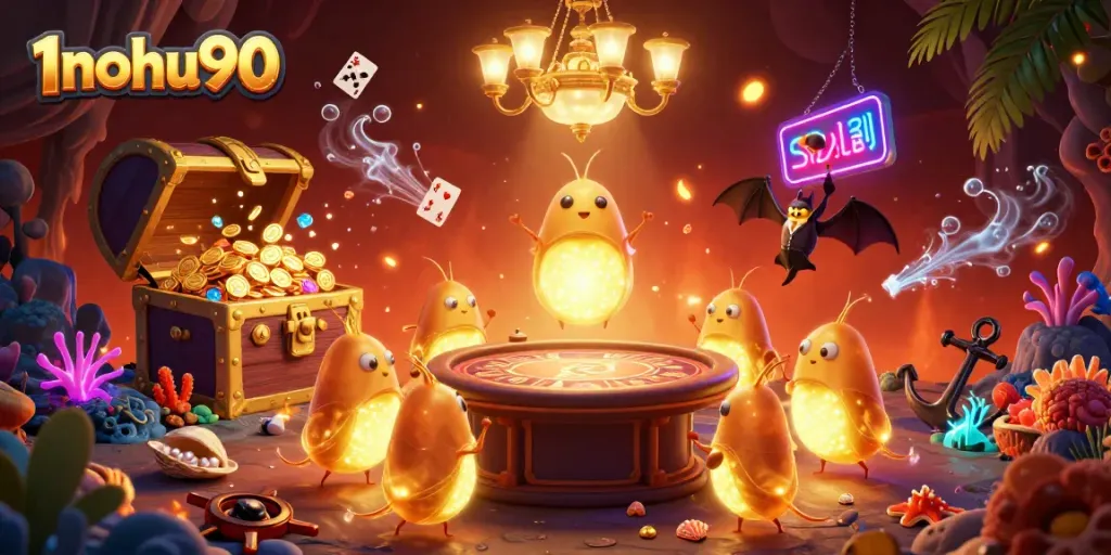 Experience thrilling wins with 1nohu90's colorful casino scene featuring glowing gambling elements.