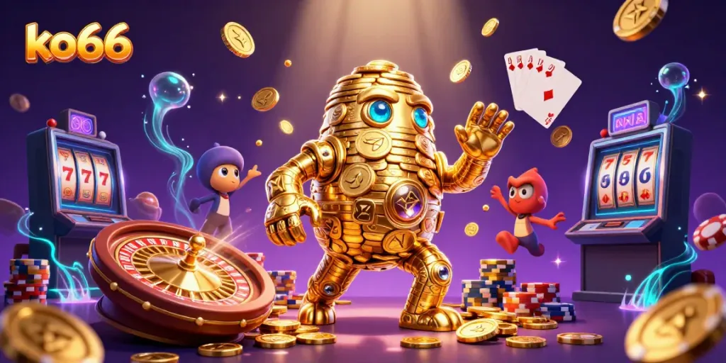 Spin the reels at ko66 with a golden golem surrounded by casino elements, showcasing ultimate gambling excitement.