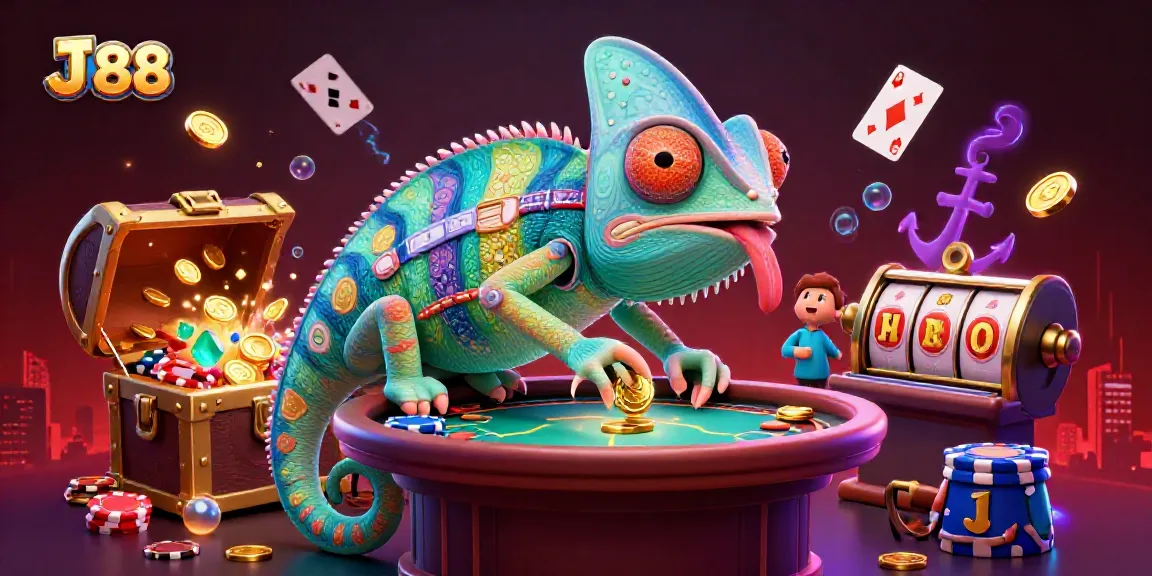 Experience the vibrant energy of J 88 with a dynamic chameleon casino owner amidst treasures and colorful gaming elements.