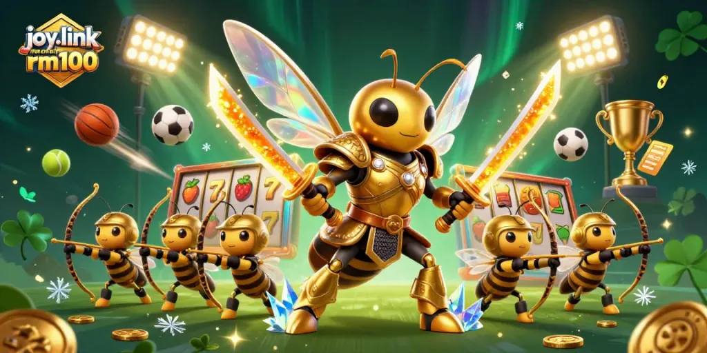 Experience the joy.link free credit rm100 with exciting slot reels as a giant golden hornet battles in a vibrant casino scene.