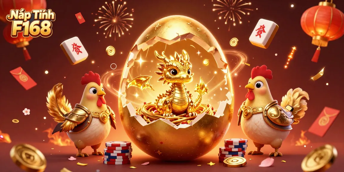Nạp Tiền F168 showcases an exciting golden egg revealing a golden dragon amidst vibrant casino elements.