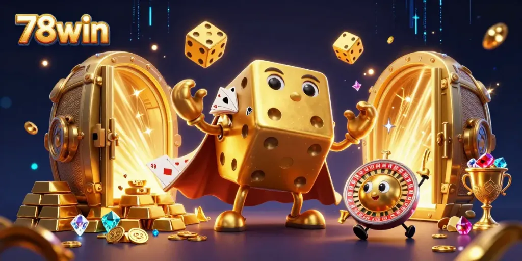 Experience the thrill of gaming at 78win with vibrant casino characters and golden treasures.