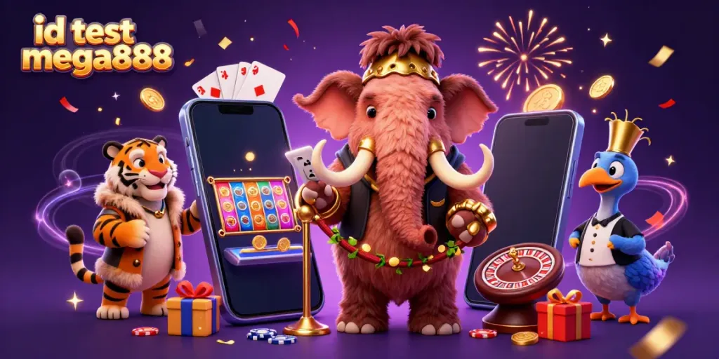 Spin the reels with id test mega888 as a woolly mammoth checks IDs at a vibrant casino door.